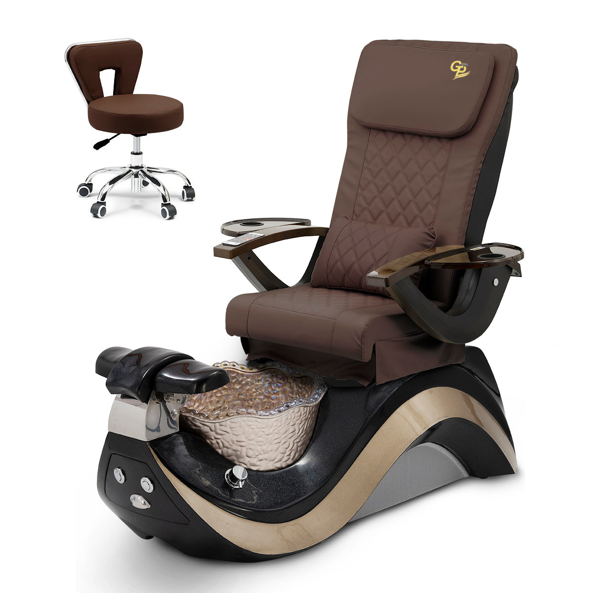 Robin Pedicure Spa Chair Complete Set with Pedi Stool - Black Base - Gold Bowl - C01 Leather