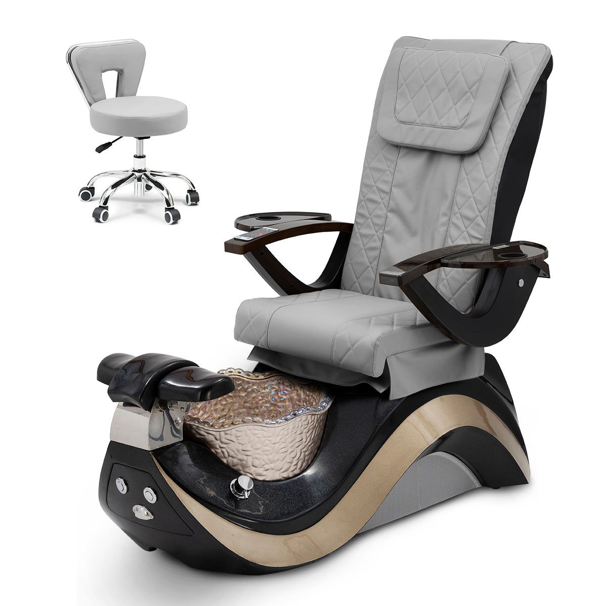 Robin Pedicure Spa Chair Complete Set with Pedi Stool - Black Base - Gold Bowl - Diamond Leather