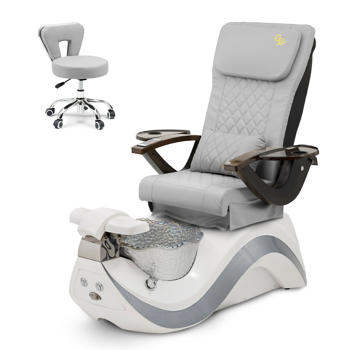 Robin Pedicure Spa Chair Complete Set with Pedi Stool - White Base - Silver Bowl - C01 Leather