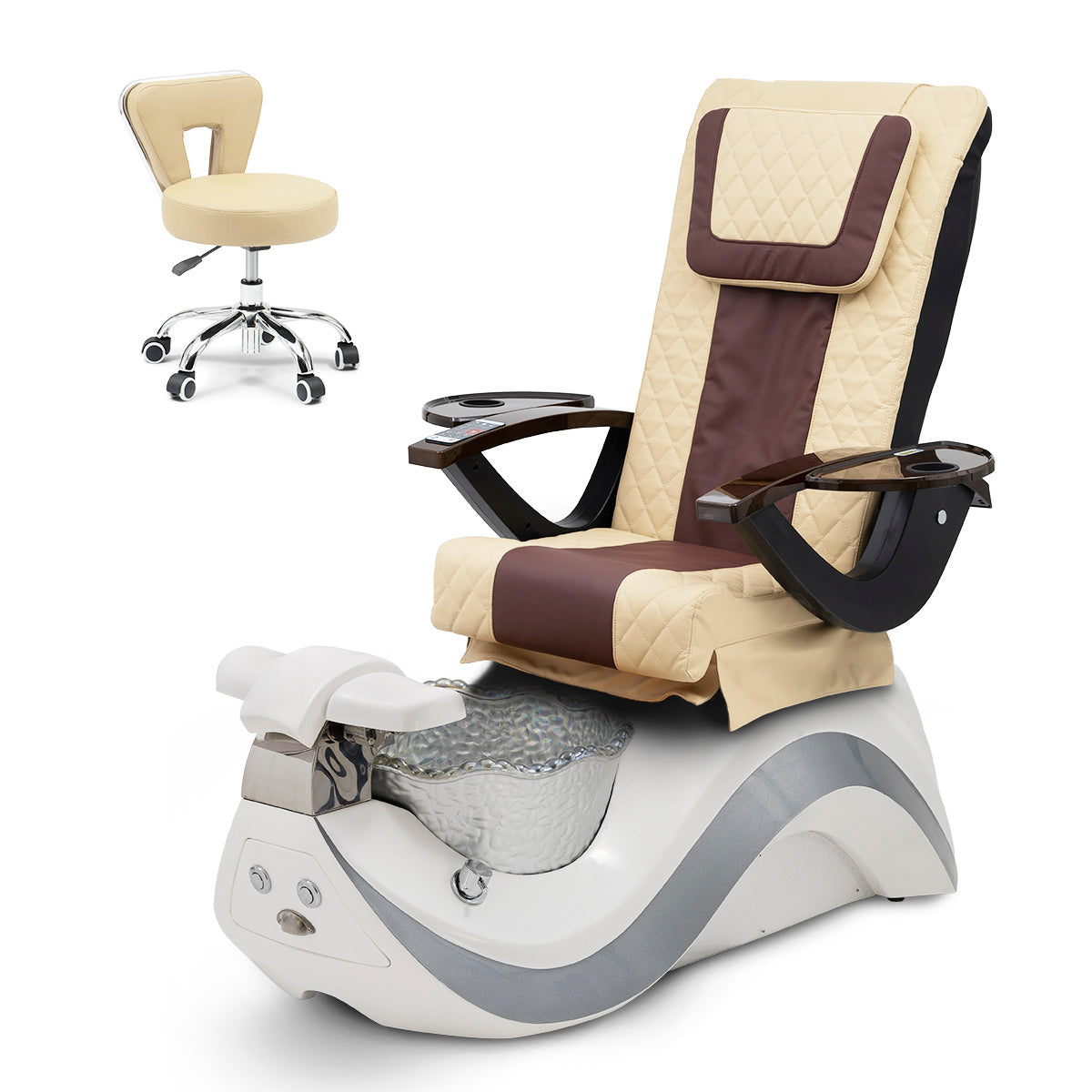 Robin Pedicure Spa Chair Complete Set with Pedi Stool - White Base - Silver Bowl - Diamond Leather