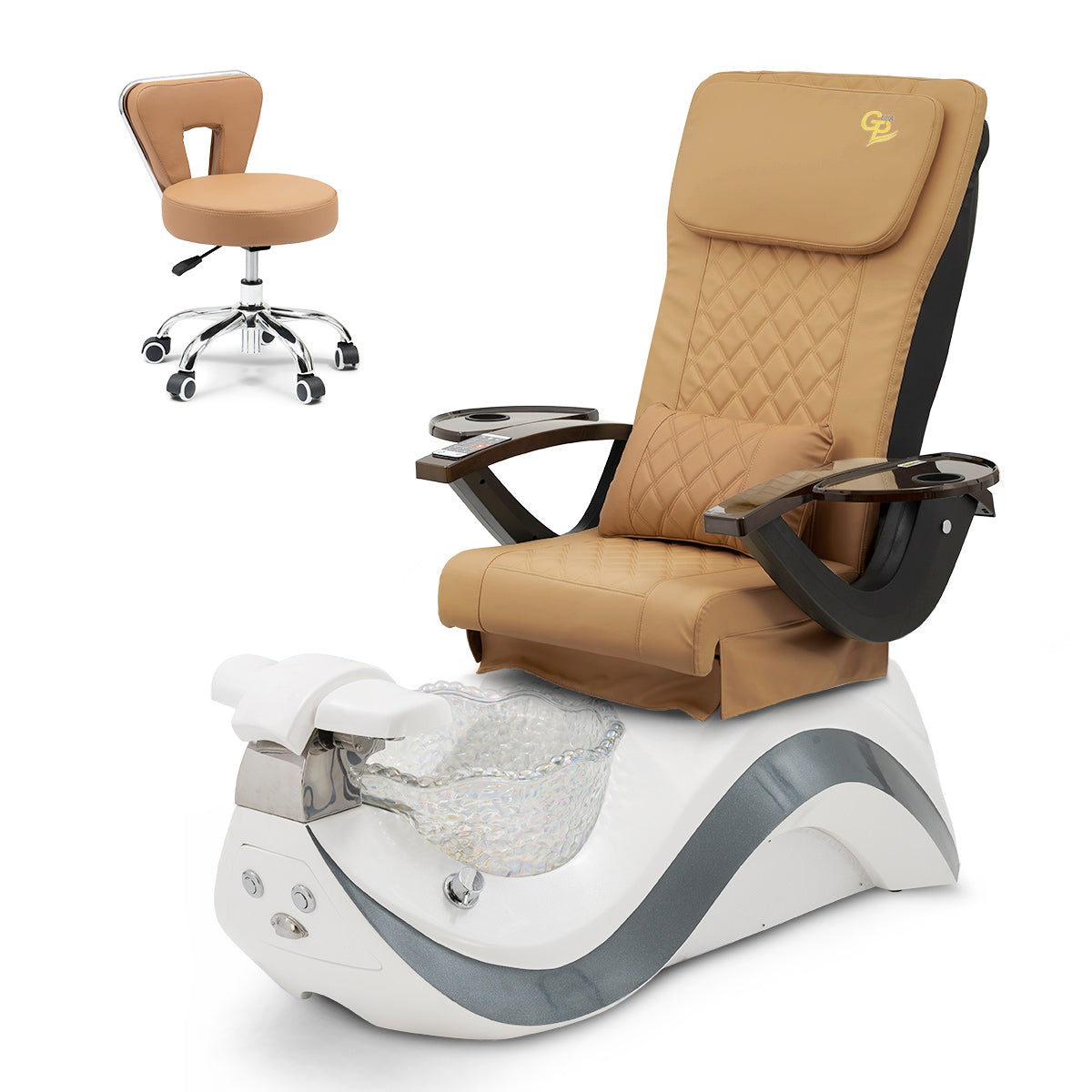 Robin Pedicure Spa Chair Complete Set with Pedi Stool - White Gray Base - Clear Bowl - C01 Leather