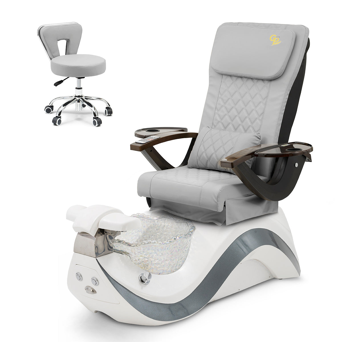 Robin Pedicure Spa Chair Complete Set with Pedi Stool - White Gray Base - Clear Bowl - C01 Leather