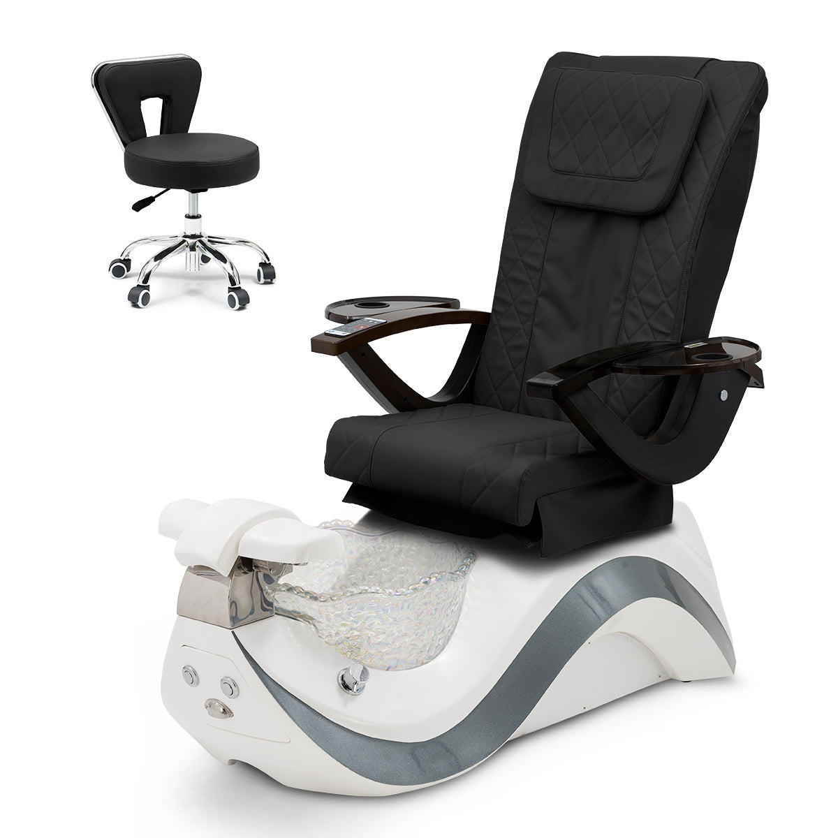 Robin Pedicure Spa Chair Complete Set with Pedi Stool - White Gray Base - Clear Bowl - Diamond Leather