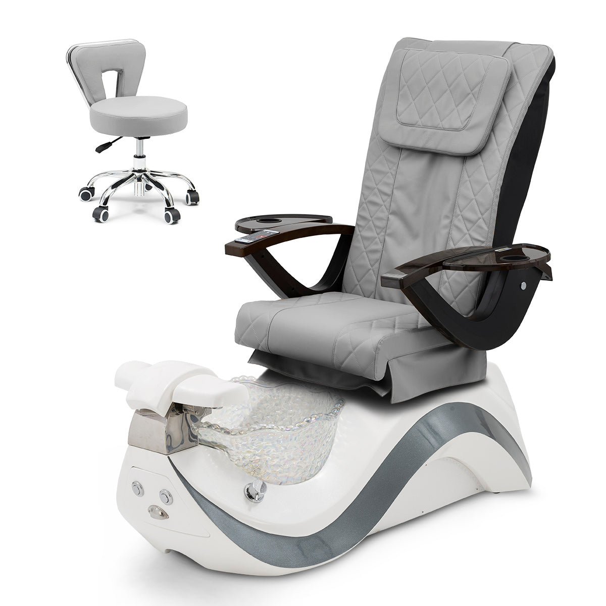 Robin Pedicure Spa Chair Complete Set with Pedi Stool - White Gray Base - Clear Bowl - Diamond Leather