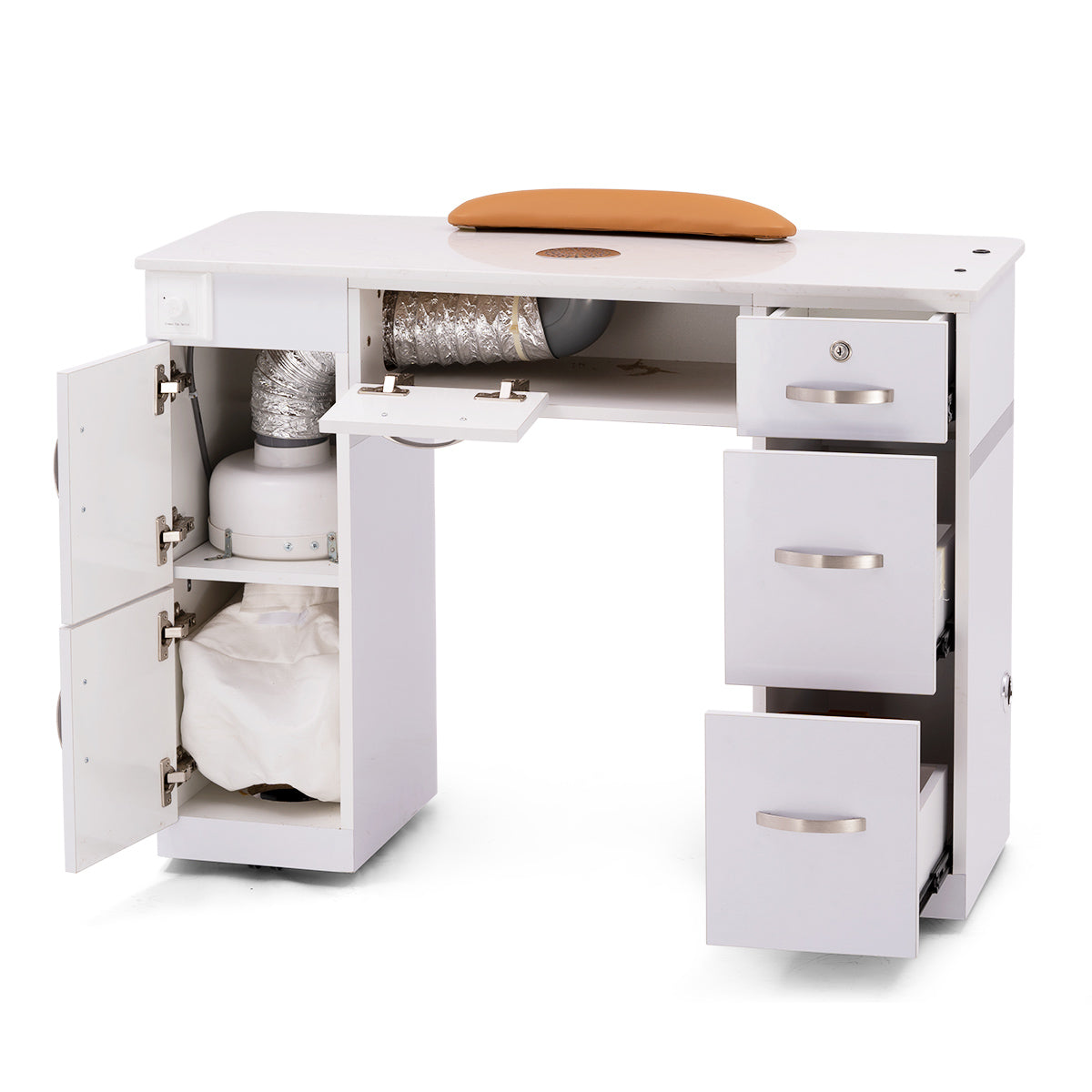 Nail Table - T02W - with Vent Hood - White Shiney Silver