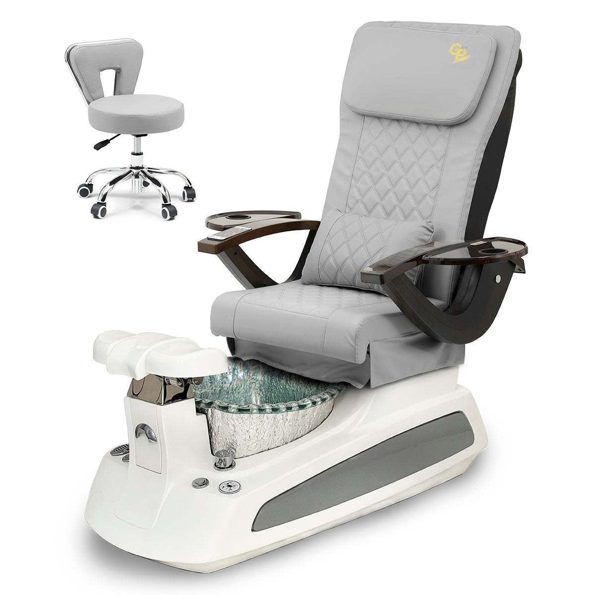 BM21 Pedicure Spa Chair Complete Set with Pedi Stool - White Base - Silver Bowl - C01 Leather